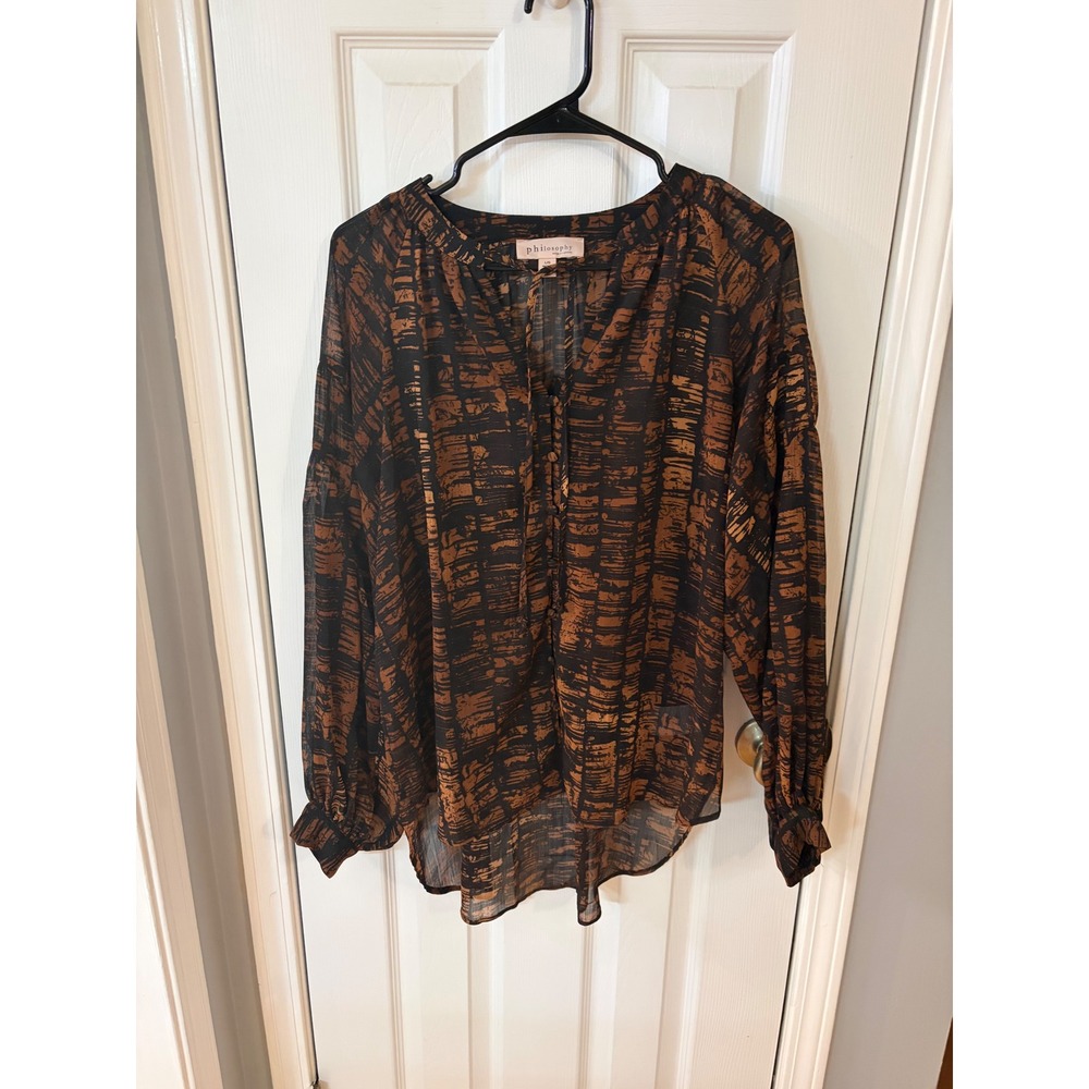 Philosophy Republic Clothing Blouse Women Large Black Copper Abstract Tie-Neck